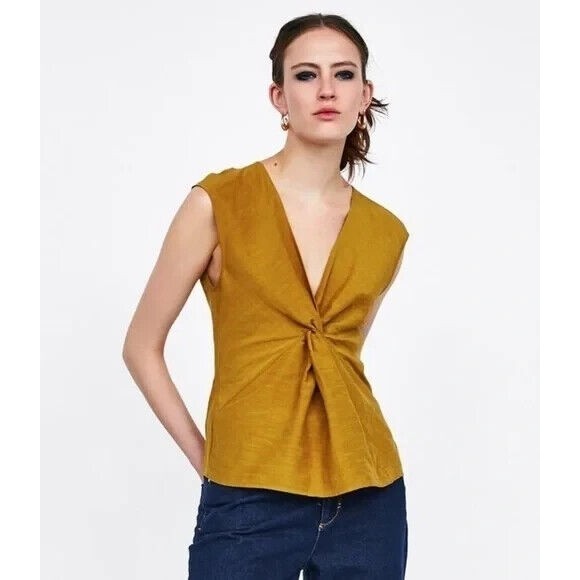 Zara Woman Sz 5 Knotted V-Neck Top Mustard Yellow Sleeveless Linen Cotton Blend - Picture 1 of 16